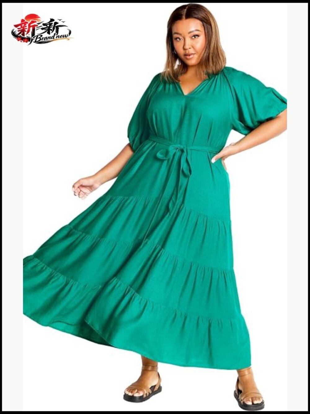 Plus Size Linen Blend Midi Dress with Tiered Skirt